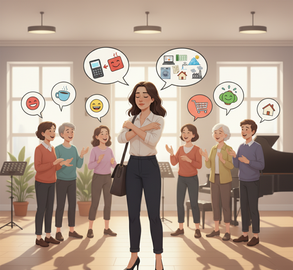 Frau inmitten einer Gruppe, die alles auszublenden versucht