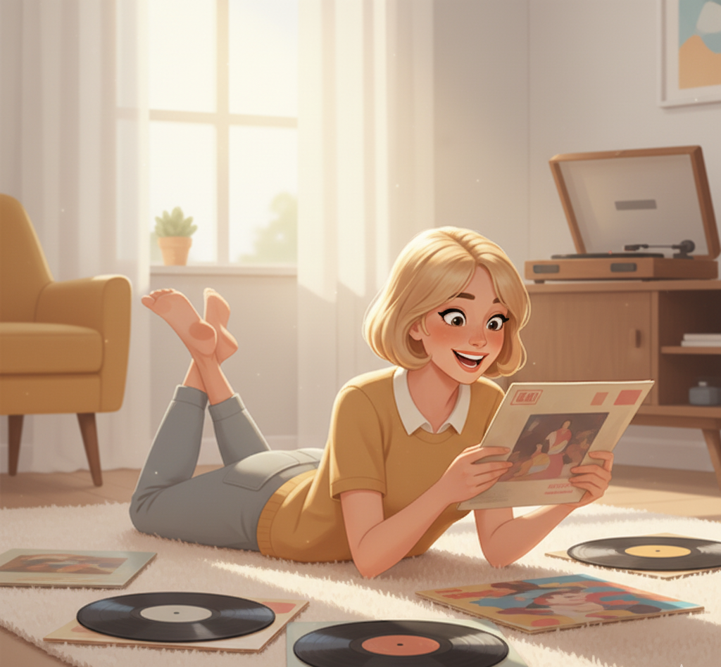 liegende frau, die platten hört