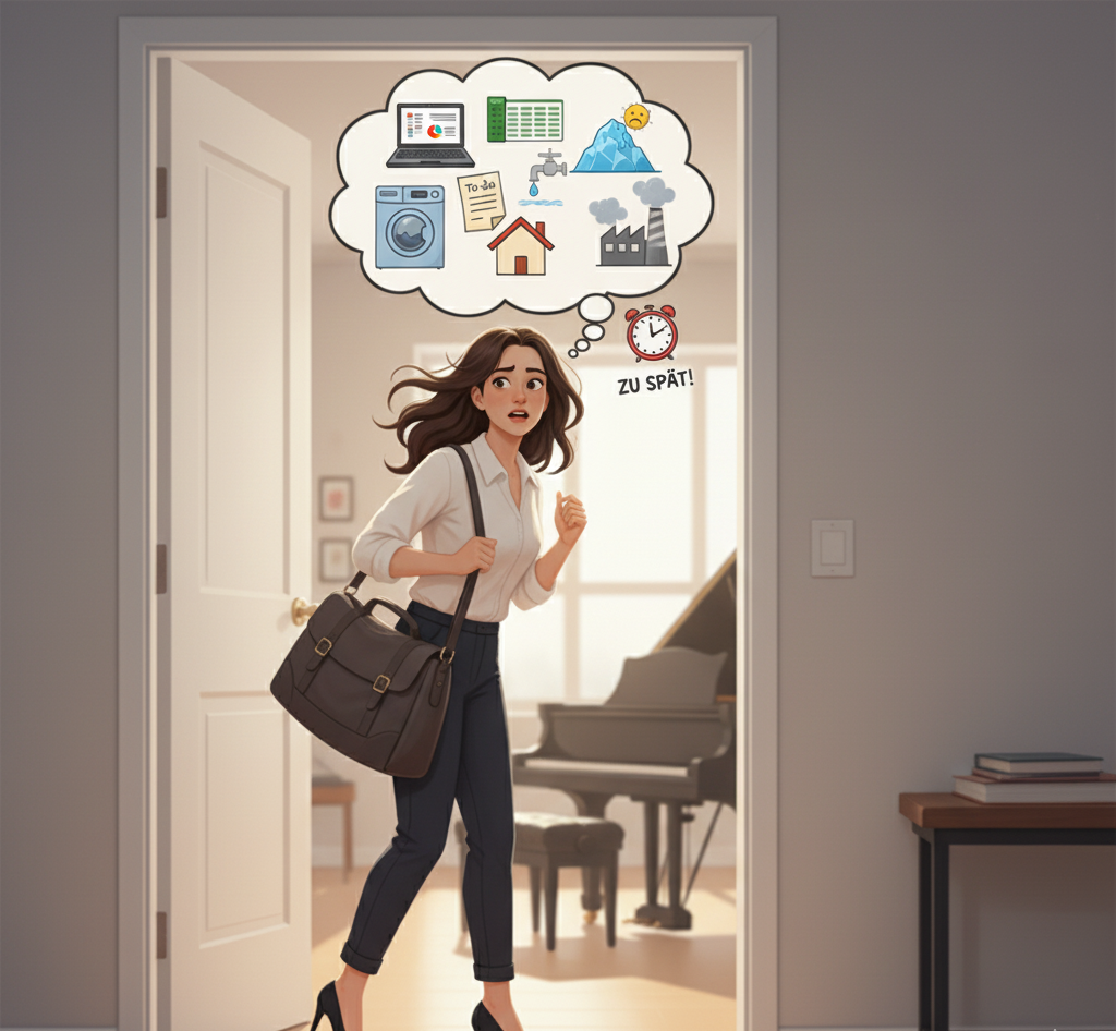 Gestresste Frau kommt von der Arbeit