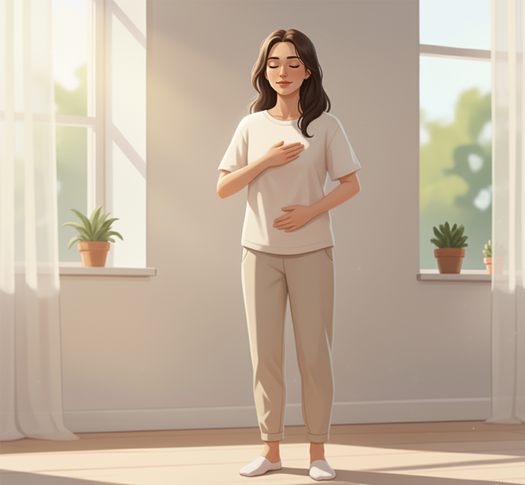 stehende Frau, die ihre Hände auf Brust und Bauch legt