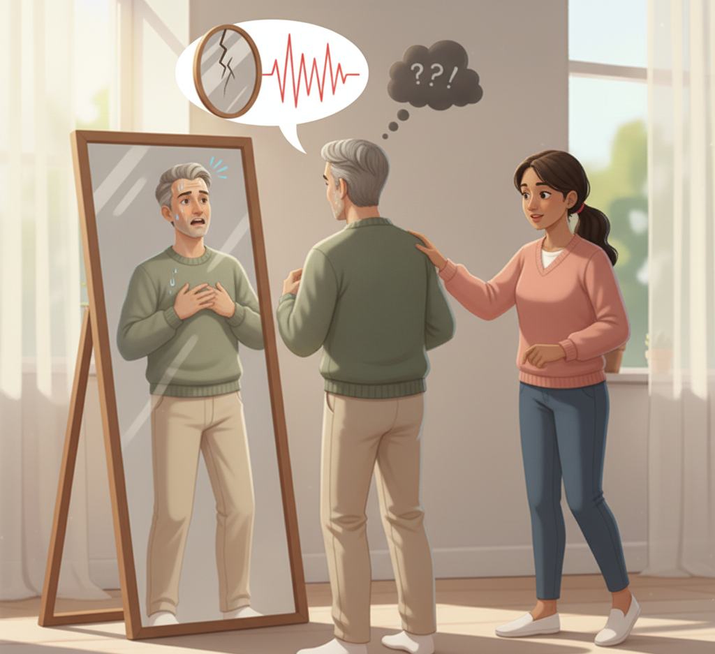 Mann steht mit Ängsten vor dem Spiegel, Gesangslehrerin ermutigt ihn