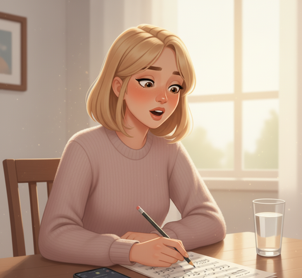 am Tisch sitzende Frau, die einen Songaufbau plant